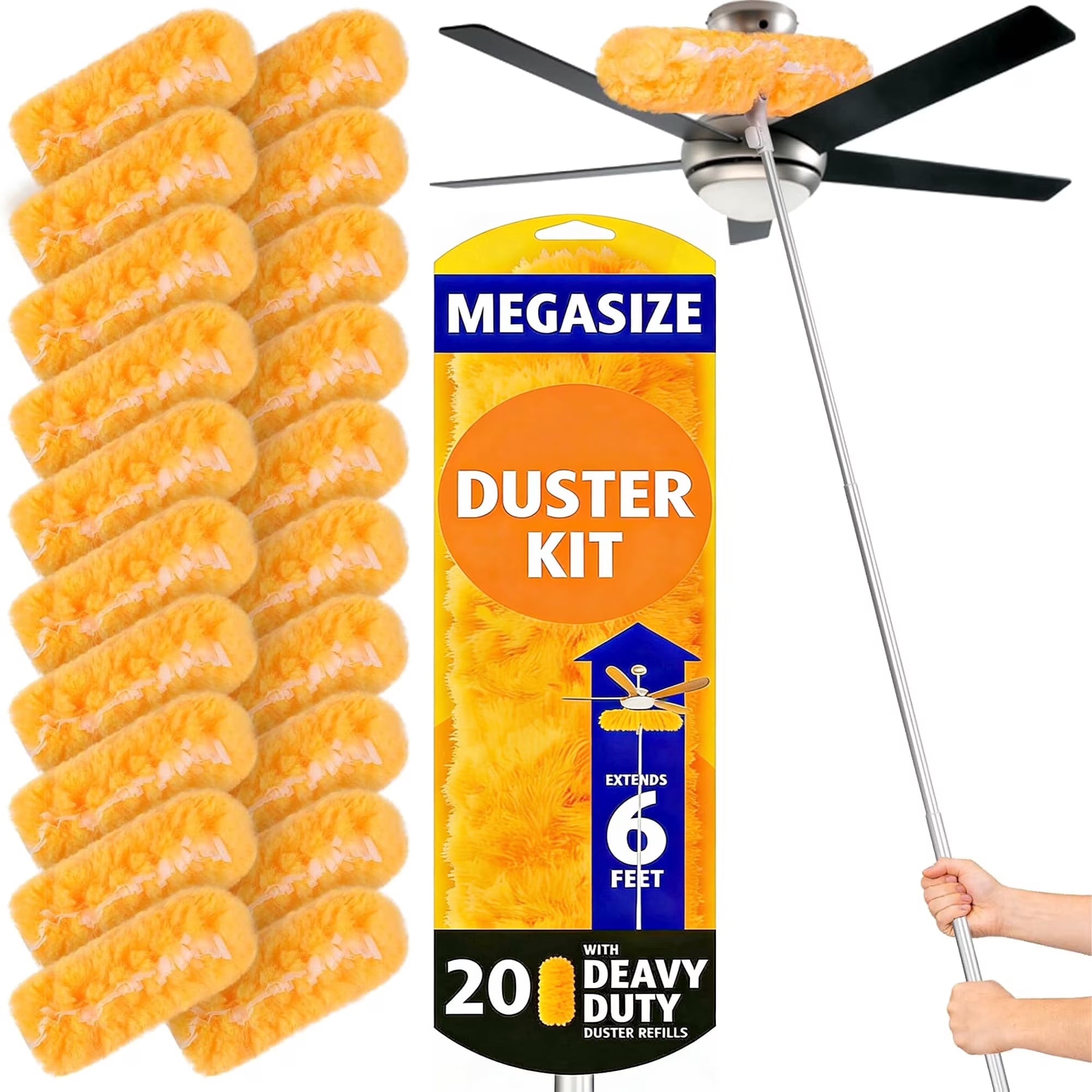 20 Count Heavy Duty Duster Refills with 6 ft Extendable Handle, 5X Microfibers, Disposable Multi Surface Dusters for Cleaning