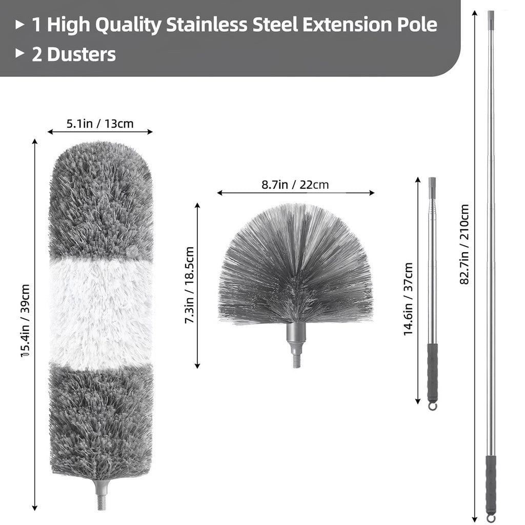 JFengqi Microfiber Duster with 30-100" Telescopic Pole, Reusable Home Cleaning Kit for High Ceilings, Fans, Cobwebs, Blinds & Furniture, Gray