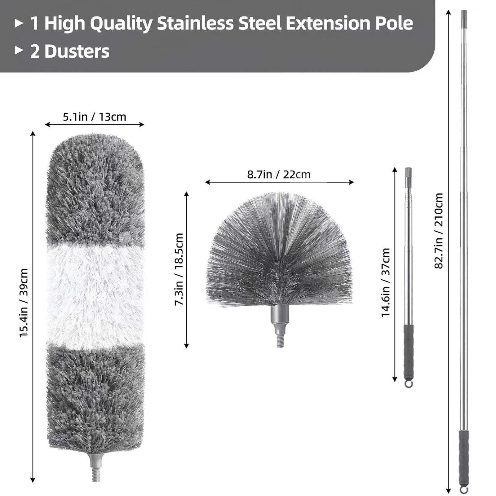 JFengqi Microfiber Duster with 30-100" Telescopic Pole, Reusable Home Cleaning Kit for High Ceilings, Fans, Cobwebs, Blinds & Furniture, Gray