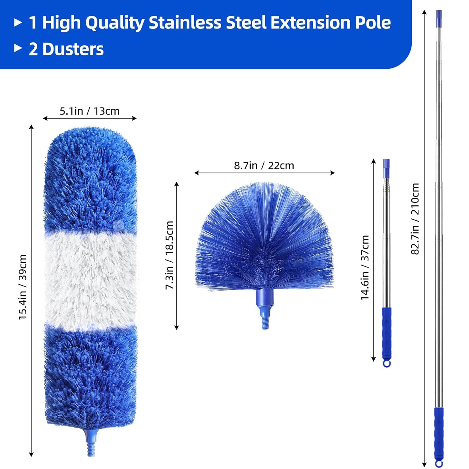 JFengqi Microfiber Duster with 30-100" Telescopic Pole, Reusable Home Cleaning Kit for High Ceilings, Fans, Cobwebs, Blinds & Furniture, Blue