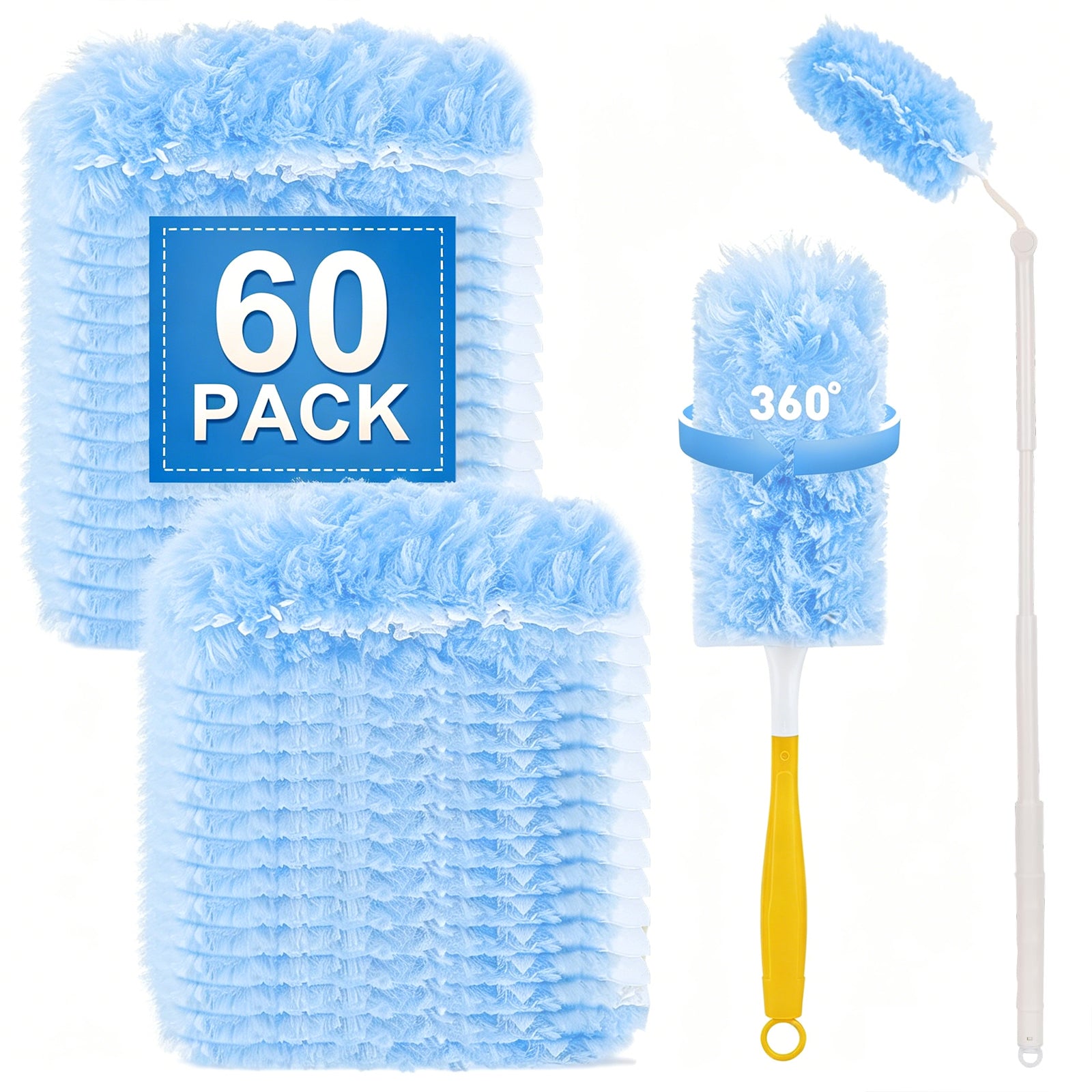Heavy Duty Duster Refills, 60 pcs with Extended Handle & 1 Handle, 4X Microfibers Disposable Duster Kit for Cleaning, 360° Multi Surface Refills (Blue)