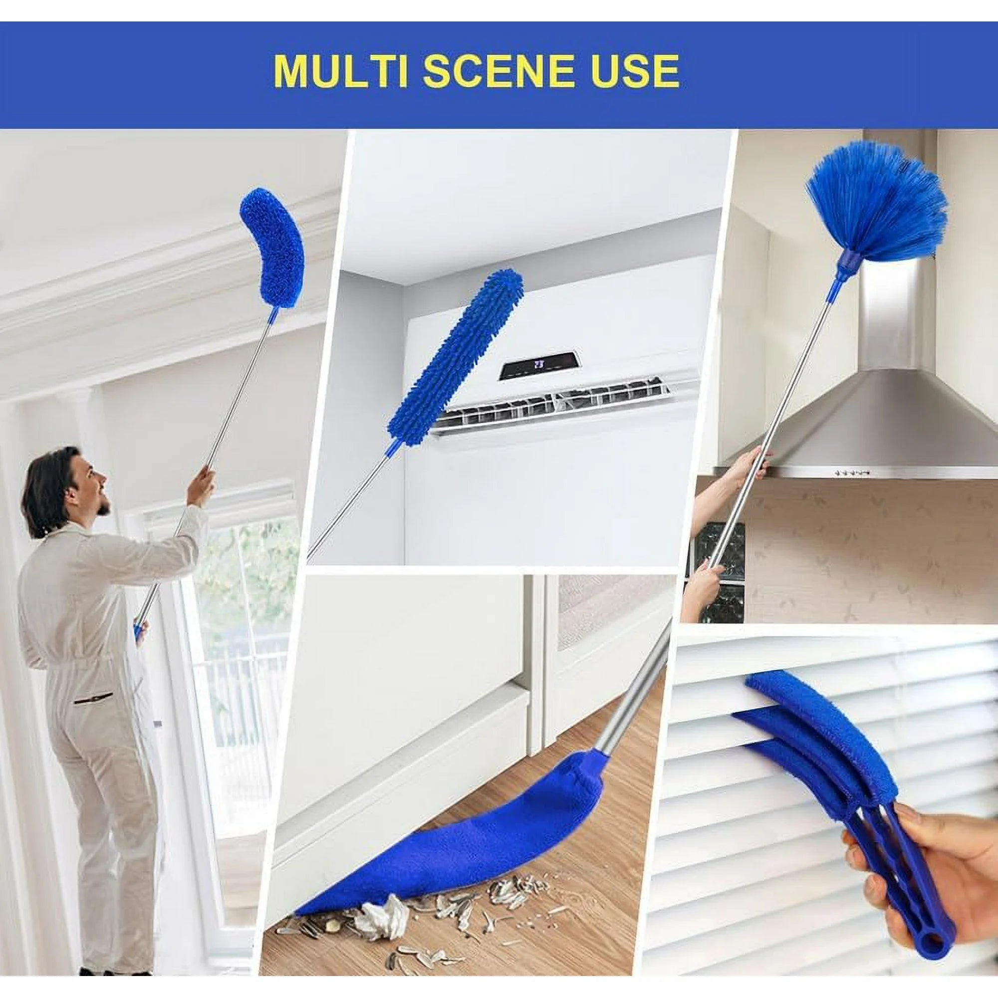 JFengqi Microfiber Feather Duster, 6pcs Washable Cobweb Dusters with 100” Extension Long Pole Cleaning Kit, Bendable Telescopic Duster for Ceiling Fan, Blinds, Furniture, Cars