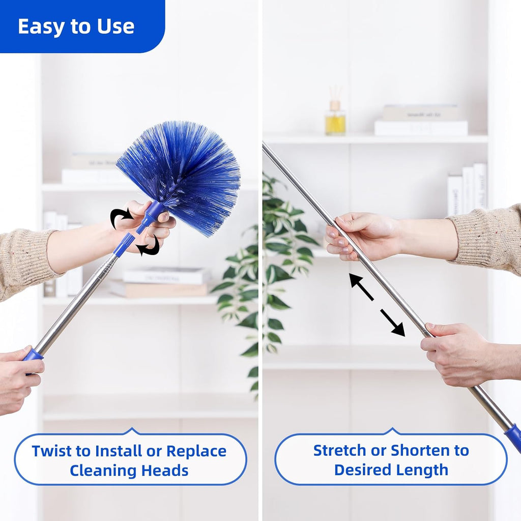 JFengqi Microfiber Duster with 30-100" Telescopic Pole, Reusable Home Cleaning Kit for High Ceilings, Fans, Cobwebs, Blinds & Furniture, Blue