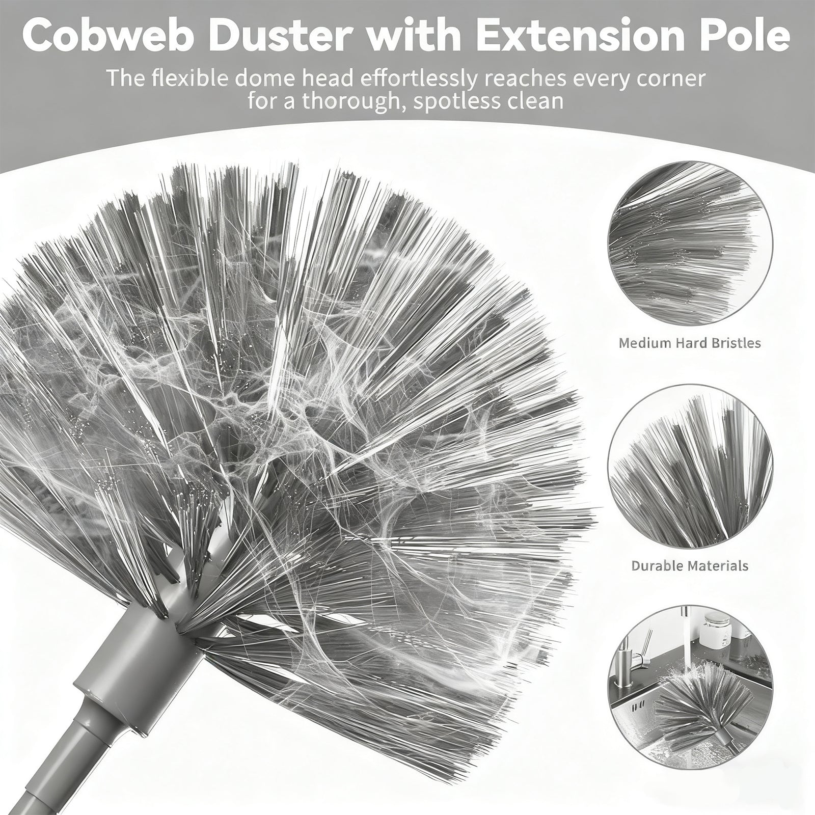 JFengqi Microfiber Duster with 30-100" Telescopic Pole, Reusable Home Cleaning Kit for High Ceilings, Fans, Cobwebs, Blinds & Furniture, Gray