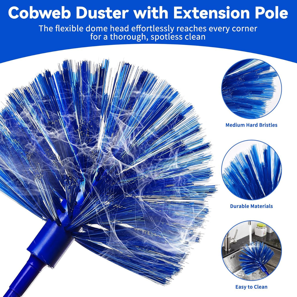 JFengqi Microfiber Duster with 30-100" Telescopic Pole, Reusable Home Cleaning Kit for High Ceilings, Fans, Cobwebs, Blinds & Furniture, Blue