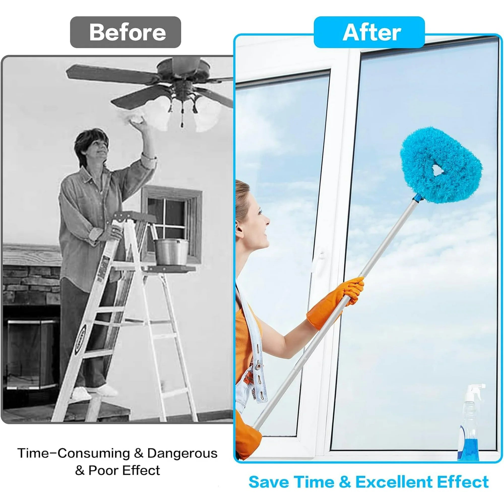 JFengqi Reusble Microfiber Ceiling Fan Duster with 13" to 49.7" Extendable Handle Pole, Blue