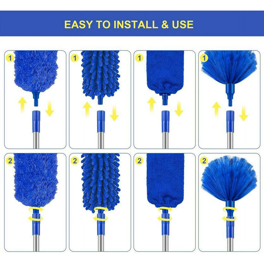 JFengqi Microfiber Feather Duster, 6pcs Washable Cobweb Dusters with 100” Extension Long Pole Cleaning Kit, Bendable Telescopic Duster for Ceiling Fan, Blinds, Furniture, Cars