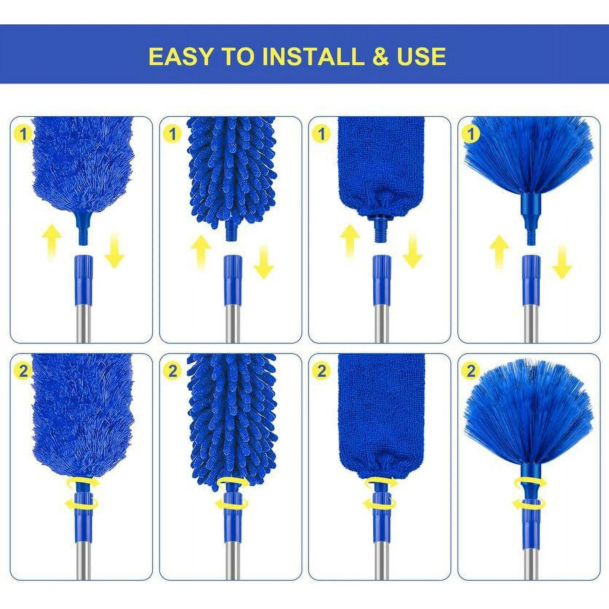 JFengqi Microfiber Feather Duster, 6pcs Washable Cobweb Dusters with 100” Extension Long Pole Cleaning Kit, Bendable Telescopic Duster for Ceiling Fan, Blinds, Furniture, Cars