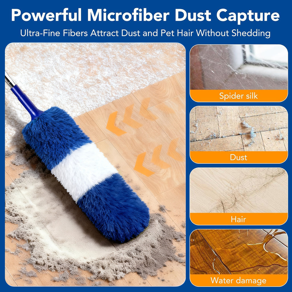 JFengqi Microfiber Duster with 30-100" Telescopic Pole, Reusable Home Cleaning Kit for High Ceilings, Fans, Cobwebs, Blinds & Furniture, Blue