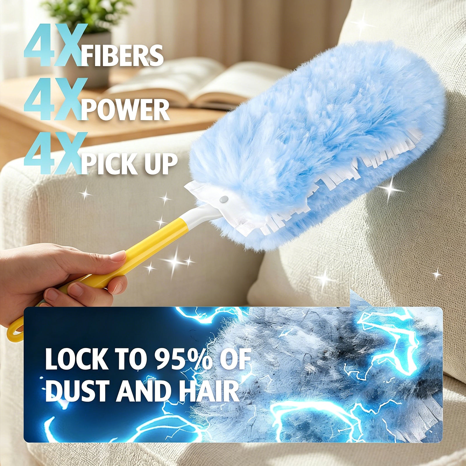 Heavy Duty Duster Refills, 60 pcs with Extended Handle & 1 Handle, 4X Microfibers Disposable Duster Kit for Cleaning, 360° Multi Surface Refills (Blue)