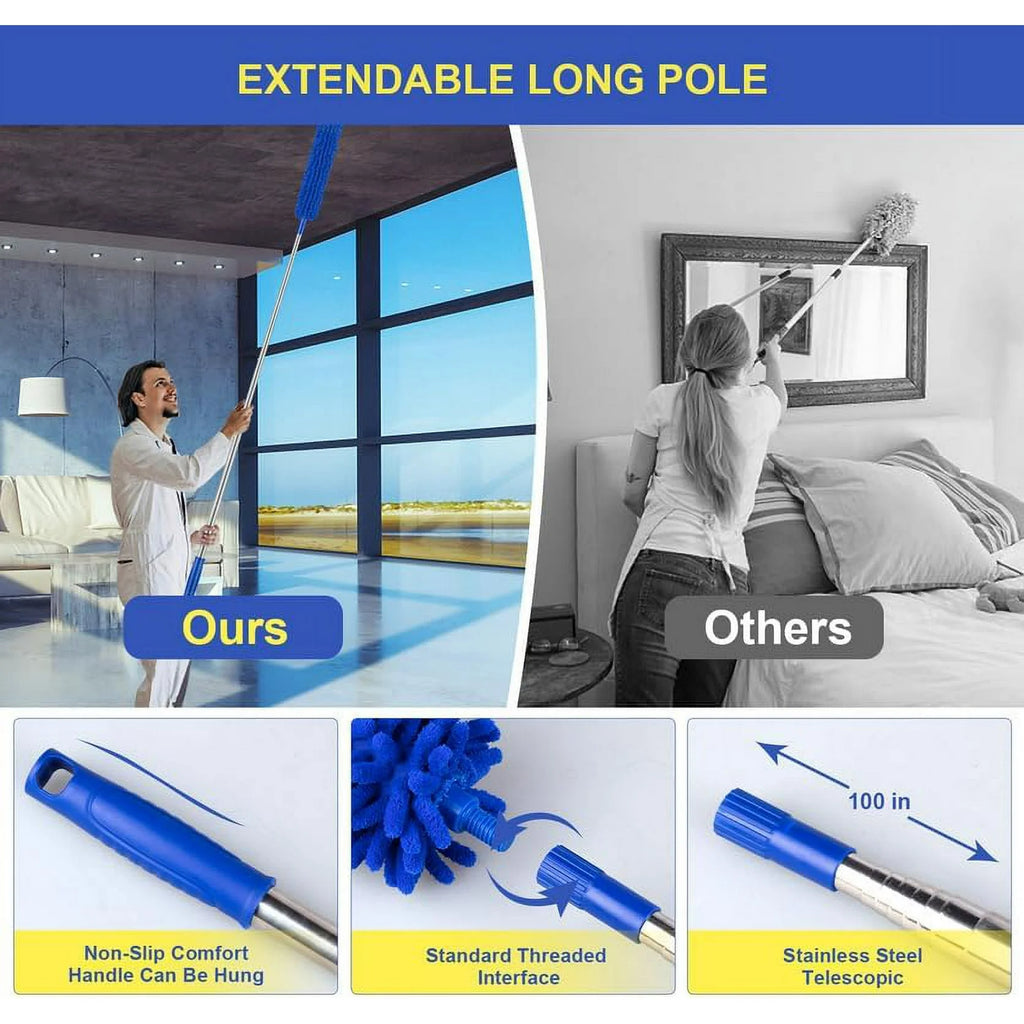 JFengqi Microfiber Feather Duster, 6pcs Washable Cobweb Dusters with 100” Extension Long Pole Cleaning Kit, Bendable Telescopic Duster for Ceiling Fan, Blinds, Furniture, Cars