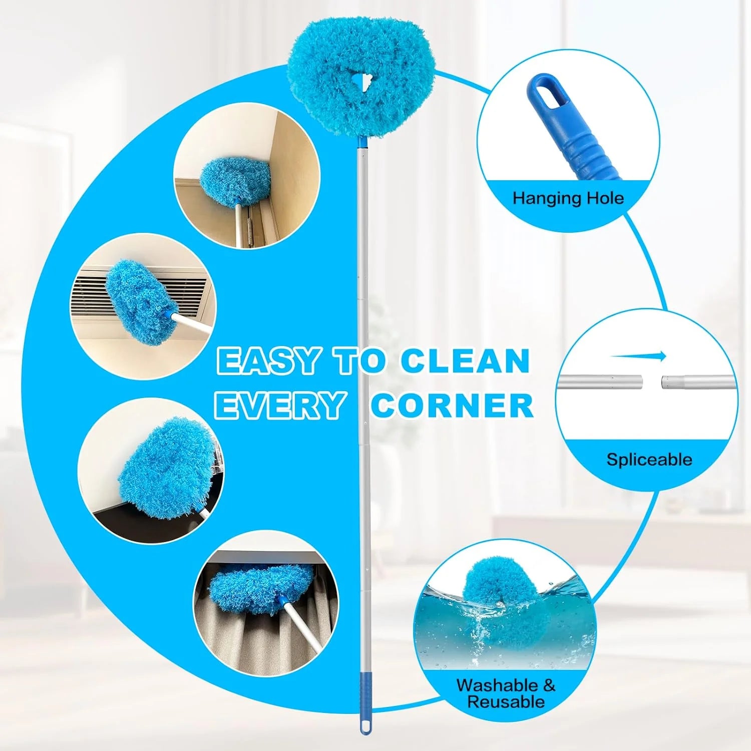 JFengqi Reusble Microfiber Ceiling Fan Duster with 13" to 49.7" Extendable Handle Pole, Blue