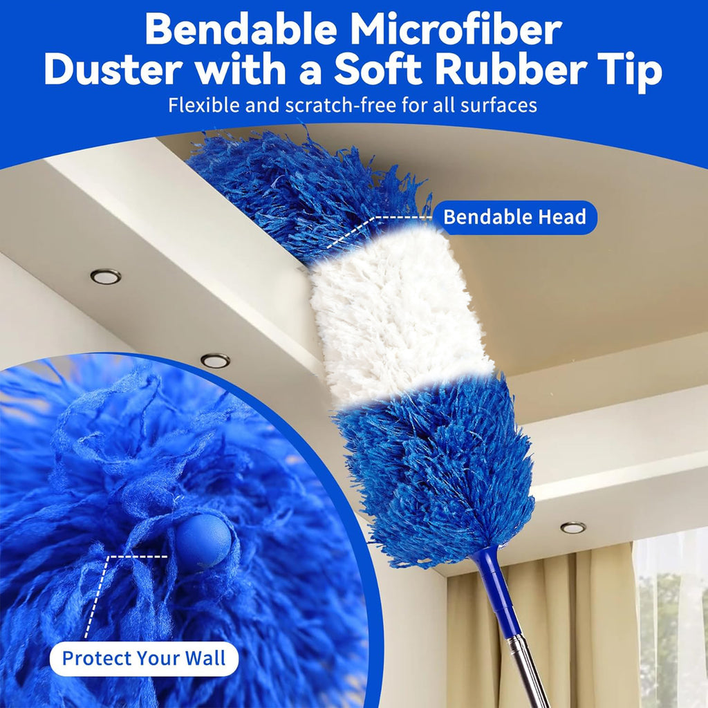 JFengqi Microfiber Duster with 30-100" Telescopic Pole, Reusable Home Cleaning Kit for High Ceilings, Fans, Cobwebs, Blinds & Furniture, Blue