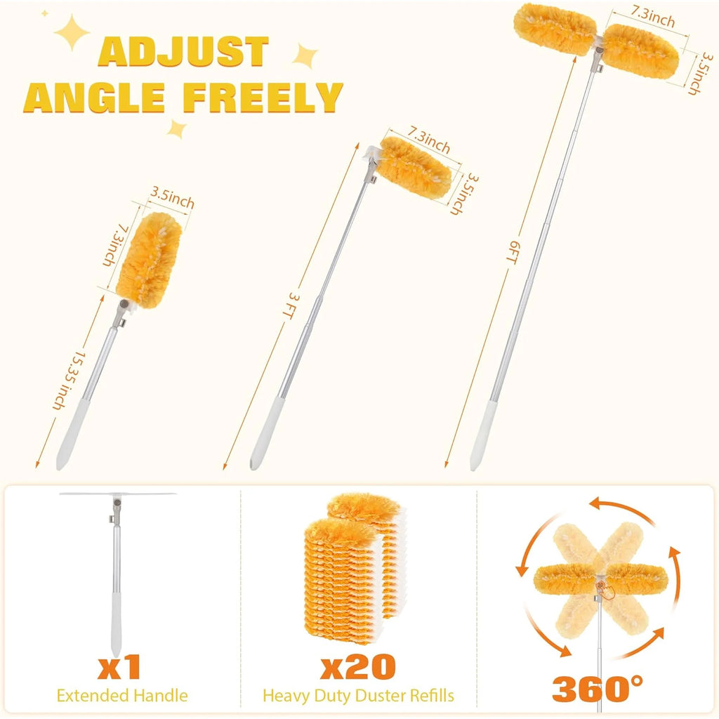 20 Count Heavy Duty Duster Refills with 6 ft Extendable Handle, 5X Microfibers, Disposable Multi Surface Dusters for Cleaning