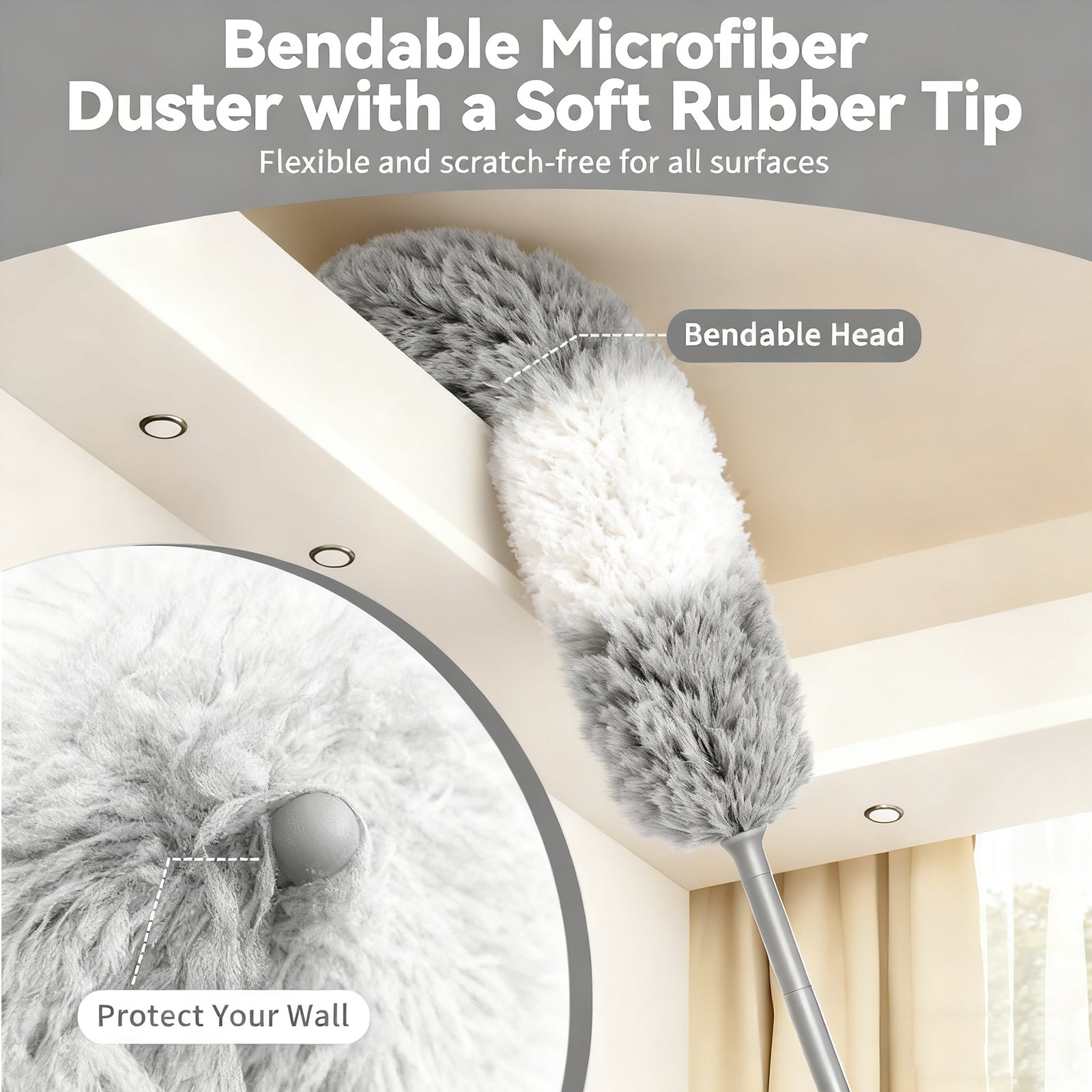 JFengqi Microfiber Duster with 30-100" Telescopic Pole, Reusable Home Cleaning Kit for High Ceilings, Fans, Cobwebs, Blinds & Furniture, Gray