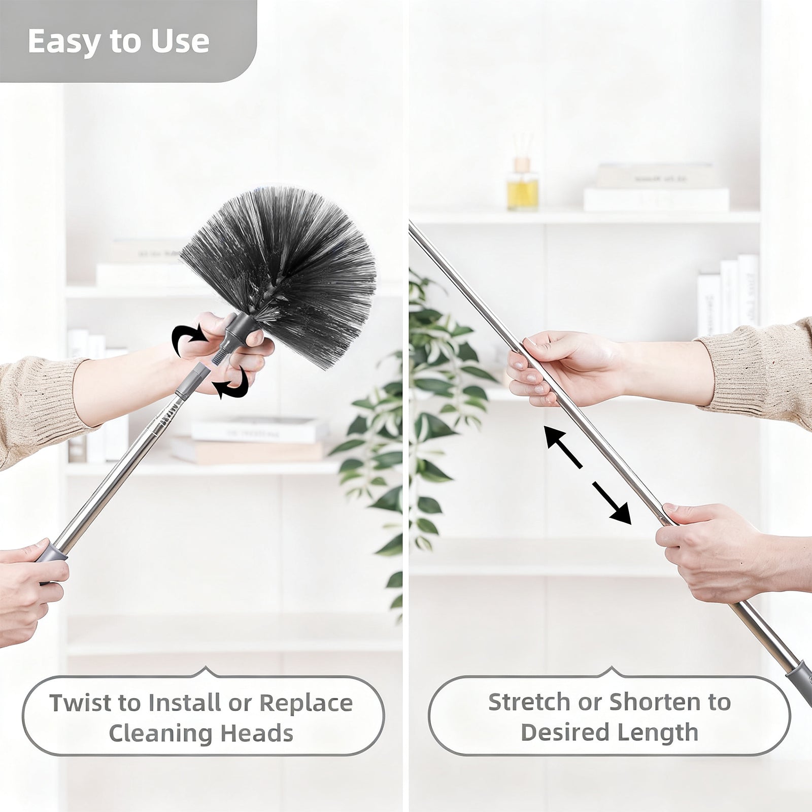 JFengqi Microfiber Duster with 30-100" Telescopic Pole, Reusable Home Cleaning Kit for High Ceilings, Fans, Cobwebs, Blinds & Furniture, Gray