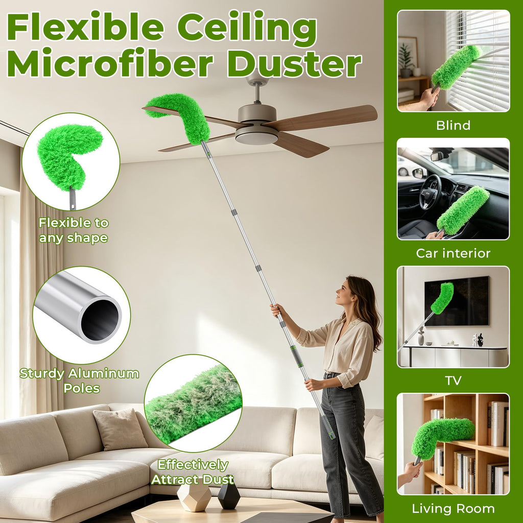 JFengqi Ceiling Fan Cleaner Duster with 64" Extendable Long Handle, Reusable Washable Microfiber Dusters for High Ceiling, Furniture, Blind, Gap
