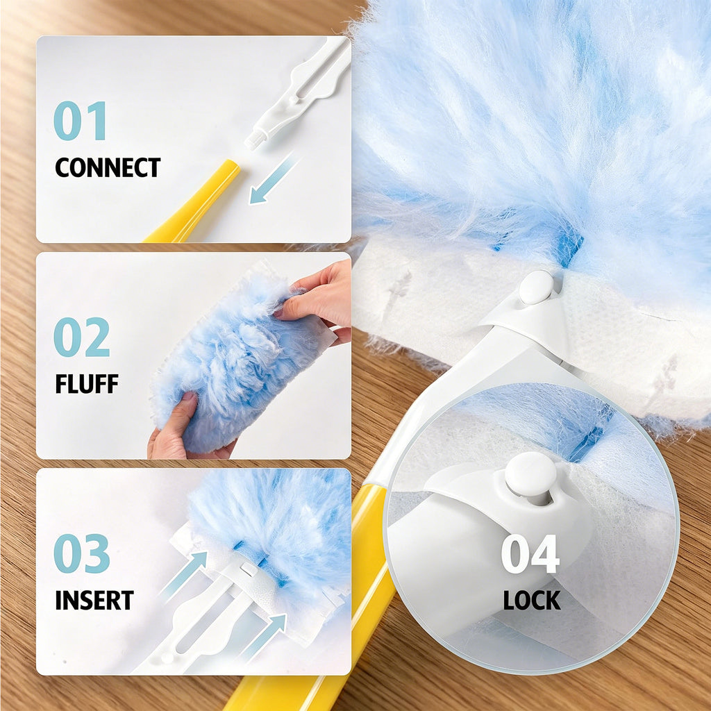 Heavy Duty Duster Refills, 60 pcs with Extended Handle & 1 Handle, 4X Microfibers Disposable Duster Kit for Cleaning, 360° Multi Surface Refills (Blue)