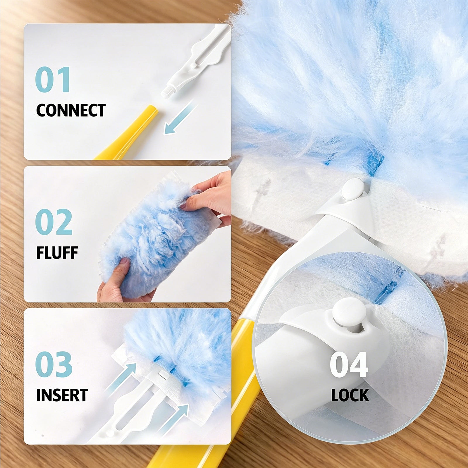 Heavy Duty Duster Refills, 60 pcs with Extended Handle & 1 Handle, 4X Microfibers Disposable Duster Kit for Cleaning, 360° Multi Surface Refills (Blue)