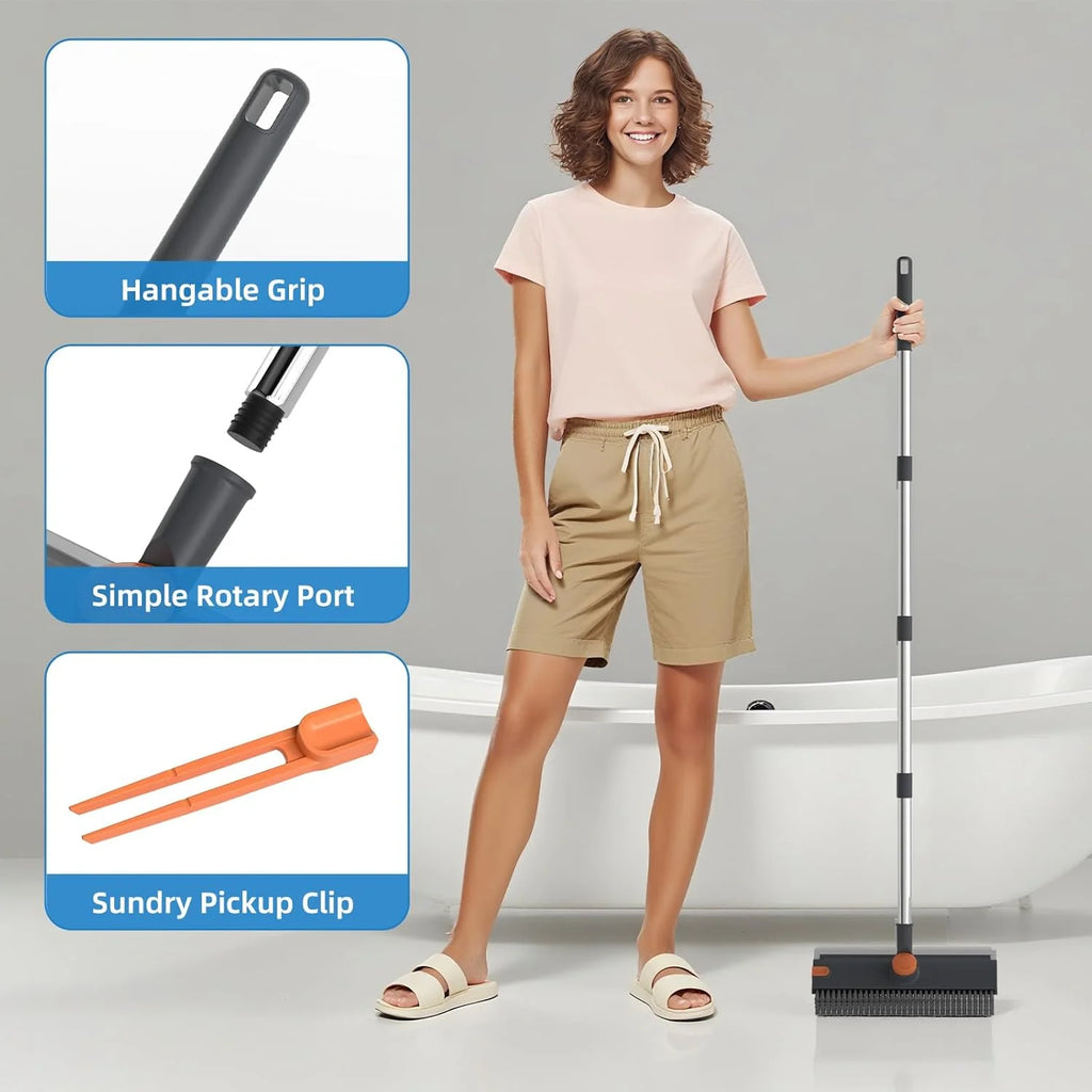 JFengqi Floor Scrub Brush with Long Handle, 3 in 1 Heavy Duty Stiff Bristle Floor Scrubber Broom with Squeegee for Cleaning Bathroom, Tile, Patio, Garage, Wall, Deck