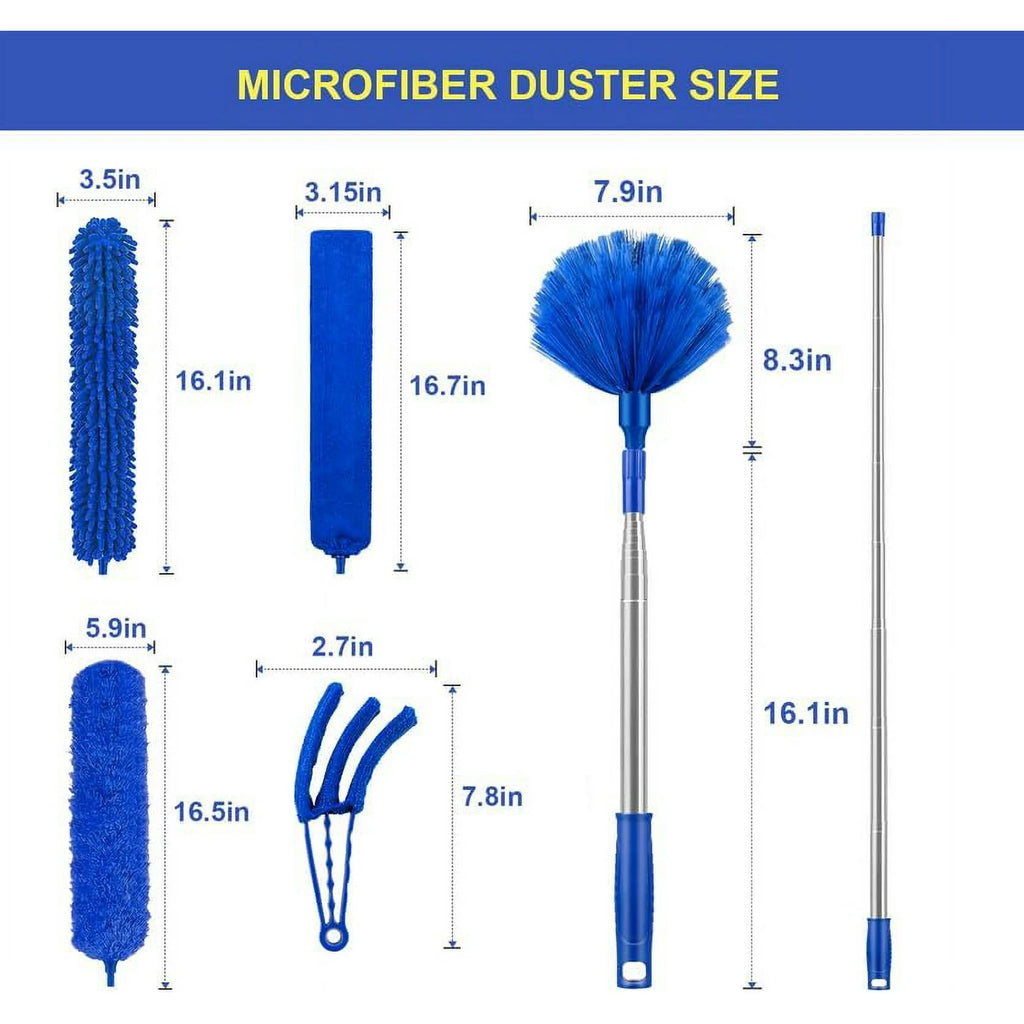 JFengqi Microfiber Feather Duster, 6pcs Washable Cobweb Dusters with 100” Extension Long Pole Cleaning Kit, Bendable Telescopic Duster for Ceiling Fan, Blinds, Furniture, Cars