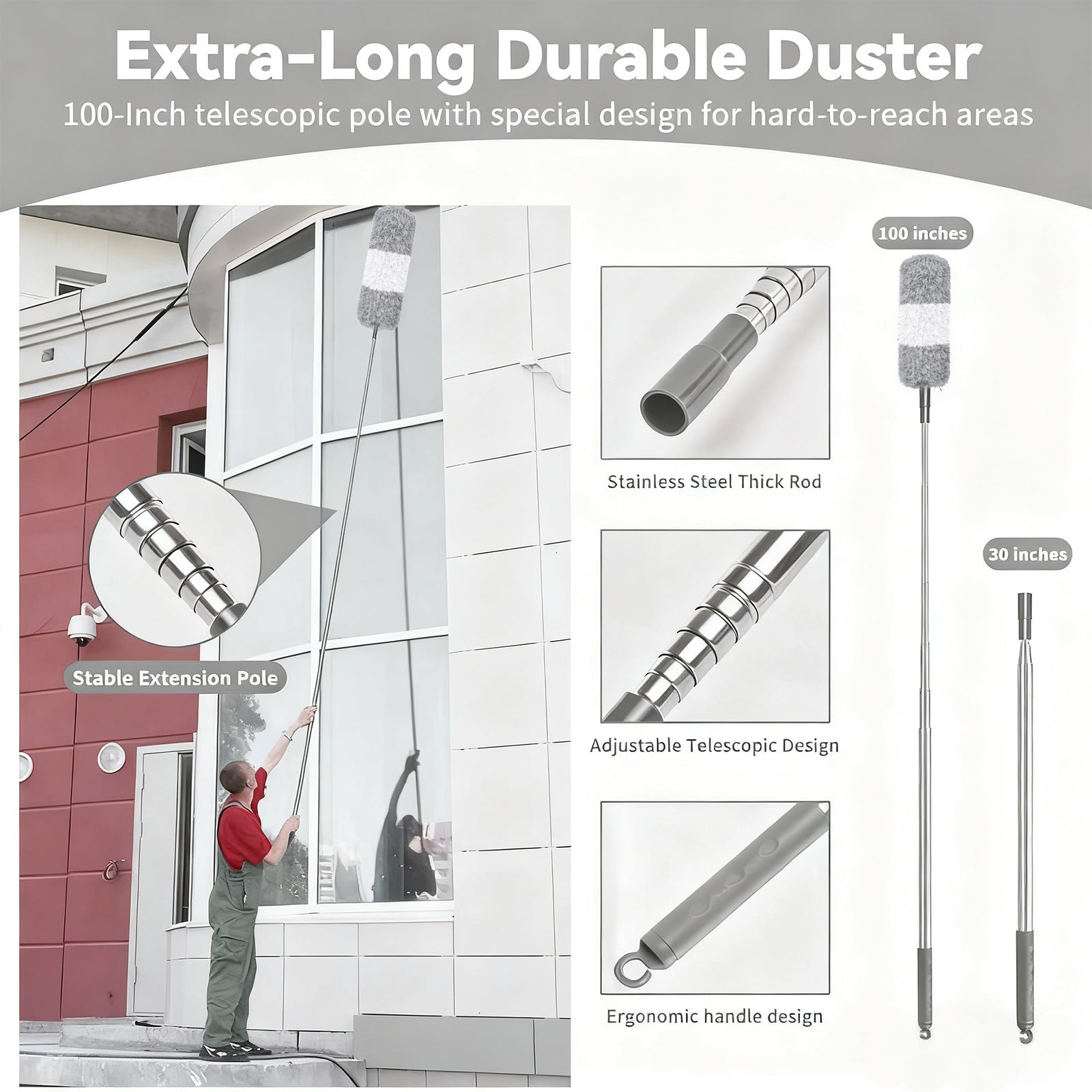 JFengqi Microfiber Duster with 30-100" Telescopic Pole, Reusable Home Cleaning Kit for High Ceilings, Fans, Cobwebs, Blinds & Furniture, Gray