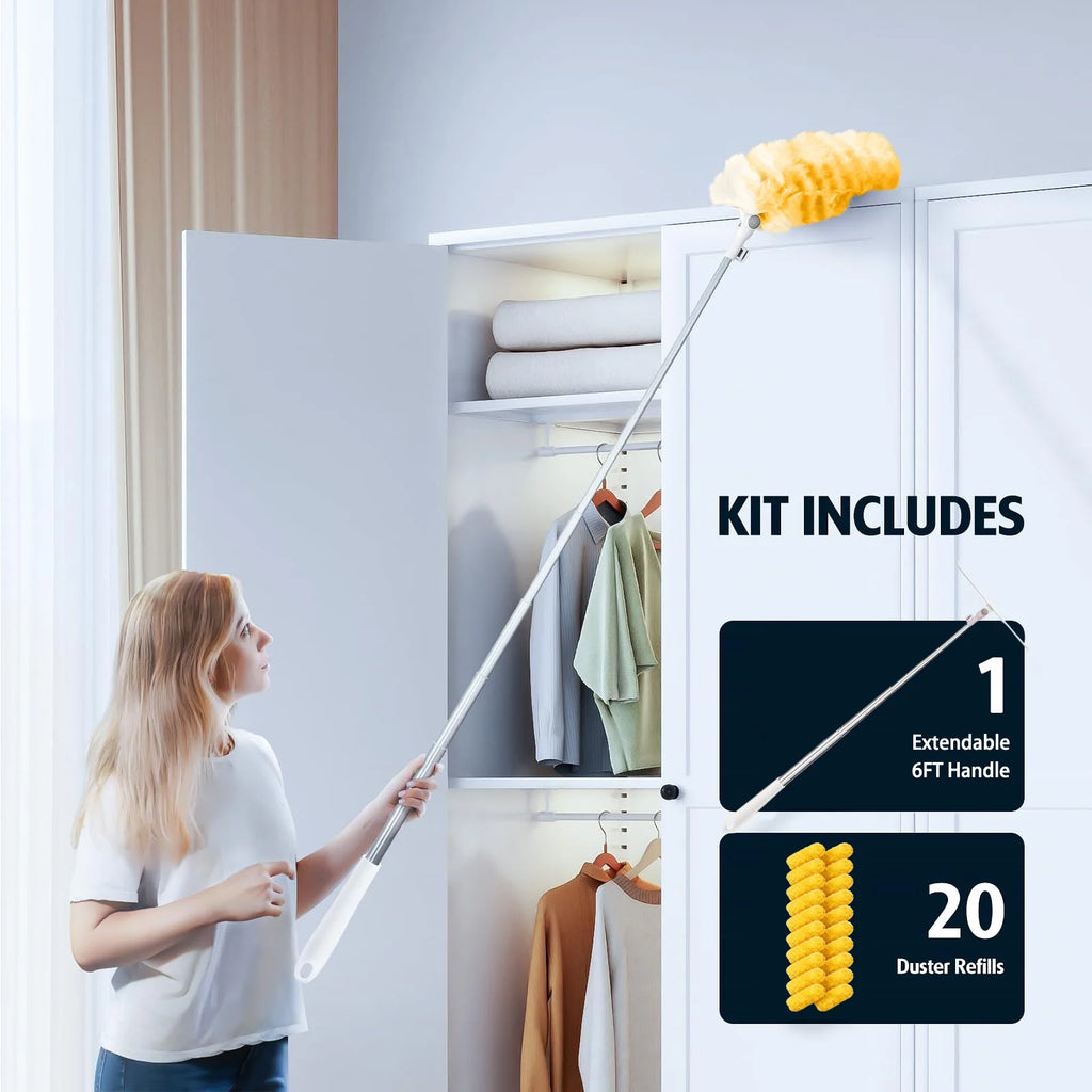 20 Count Heavy Duty Duster Refills with 6 ft Extendable Handle, 5X Microfibers, Disposable Multi Surface Dusters for Cleaning
