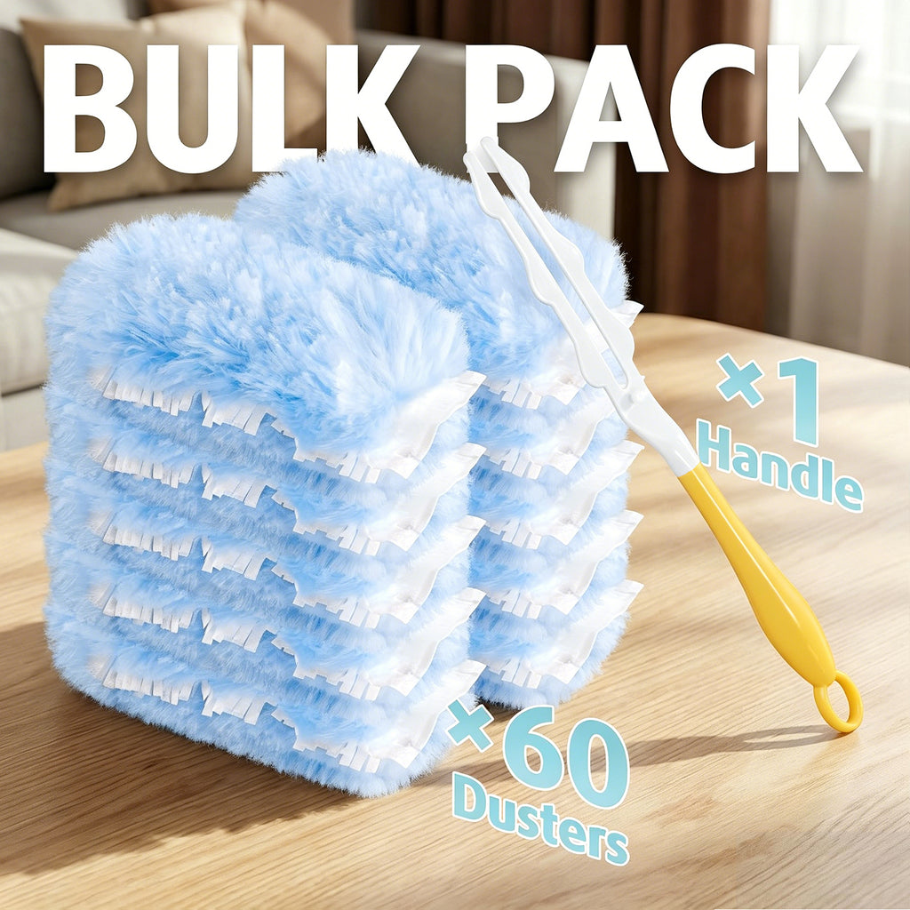 Heavy Duty Duster Refills, 60 pcs with Extended Handle & 1 Handle, 4X Microfibers Disposable Duster Kit for Cleaning, 360° Multi Surface Refills (Blue)