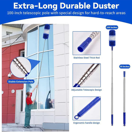 JFengqi Microfiber Duster with 30-100" Telescopic Pole, Reusable Home Cleaning Kit for High Ceilings, Fans, Cobwebs, Blinds & Furniture, Blue