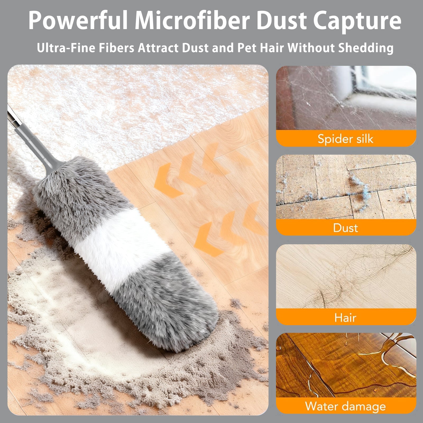 JFengqi Microfiber Duster with 30-100" Telescopic Pole, Reusable Home Cleaning Kit for High Ceilings, Fans, Cobwebs, Blinds & Furniture, Gray