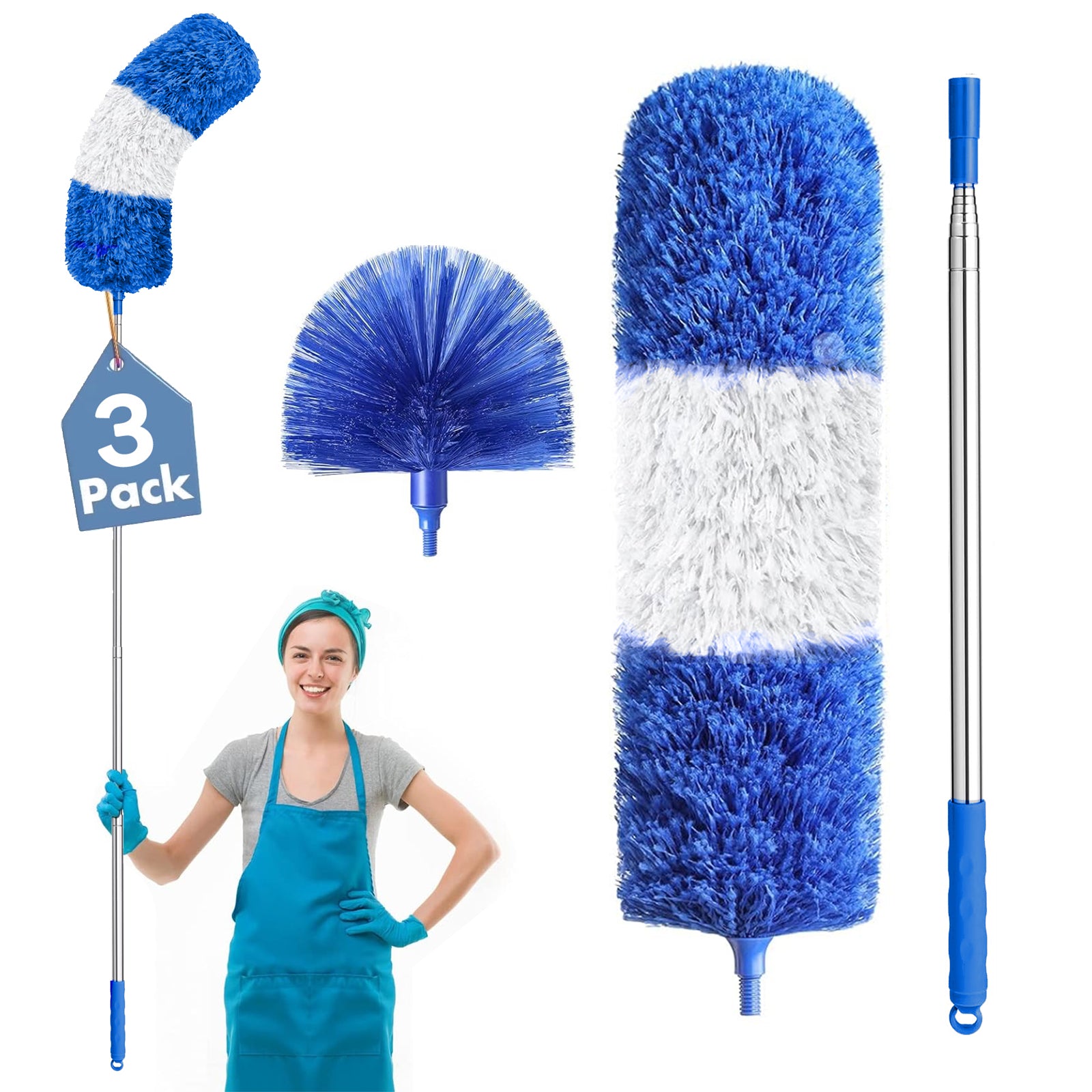 JFengqi Microfiber Duster with 30-100" Telescopic Pole, Reusable Home Cleaning Kit for High Ceilings, Fans, Cobwebs, Blinds & Furniture, Blue