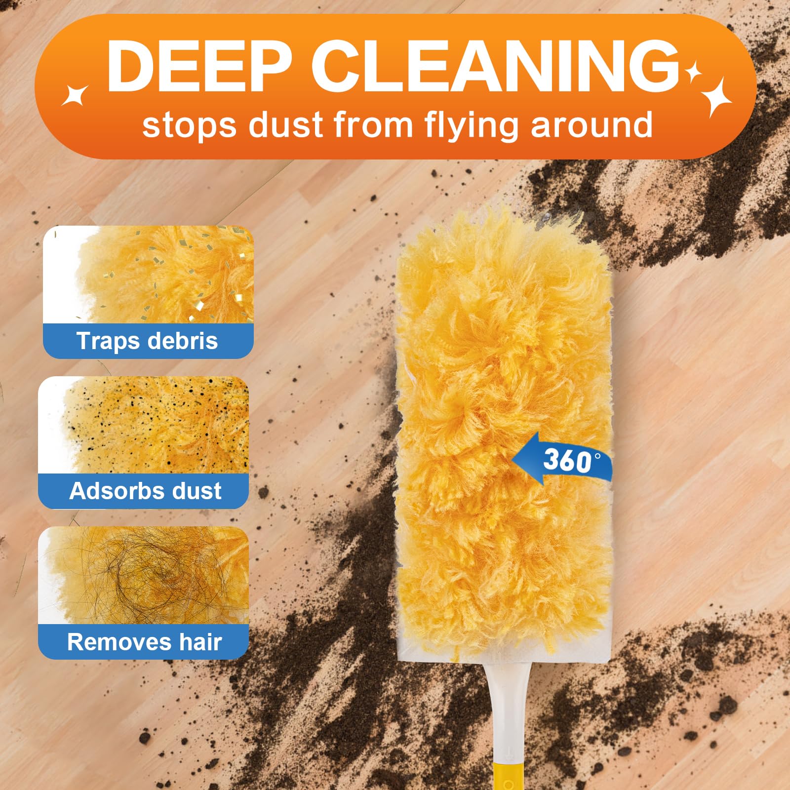 Heavy Duty Duster Refills, 60 pcs with Extended Handle & 1 Handle, 5X Microfibers Disposable Duster Kit for Cleaning, 360° Multi Surface Refills