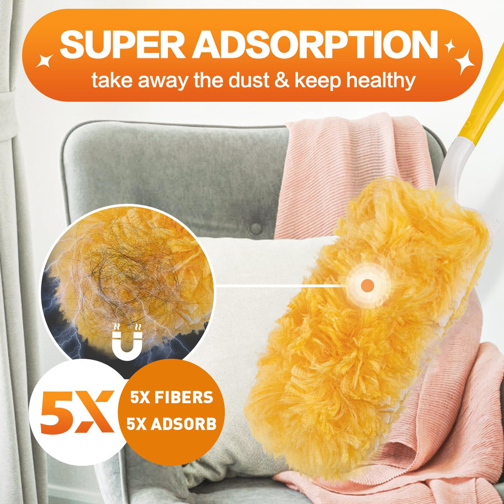 Heavy Duty Duster Refills, 60 pcs with Extended Handle & 1 Handle, 5X Microfibers Disposable Duster Kit for Cleaning, 360° Multi Surface Refills