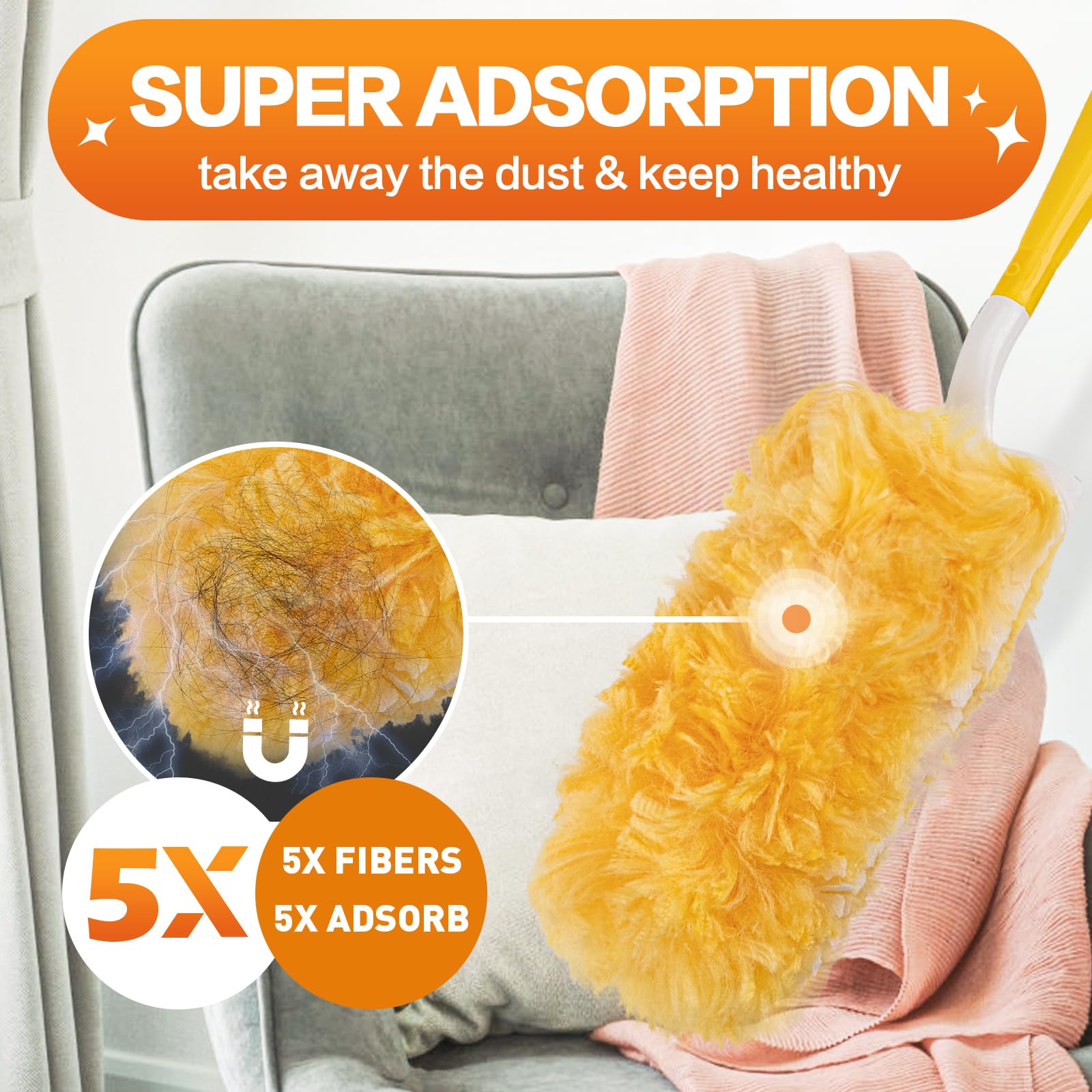 Heavy Duty Duster Refills, 60 pcs with Extended Handle & 1 Handle, 5X Microfibers Disposable Duster Kit for Cleaning, 360° Multi Surface Refills