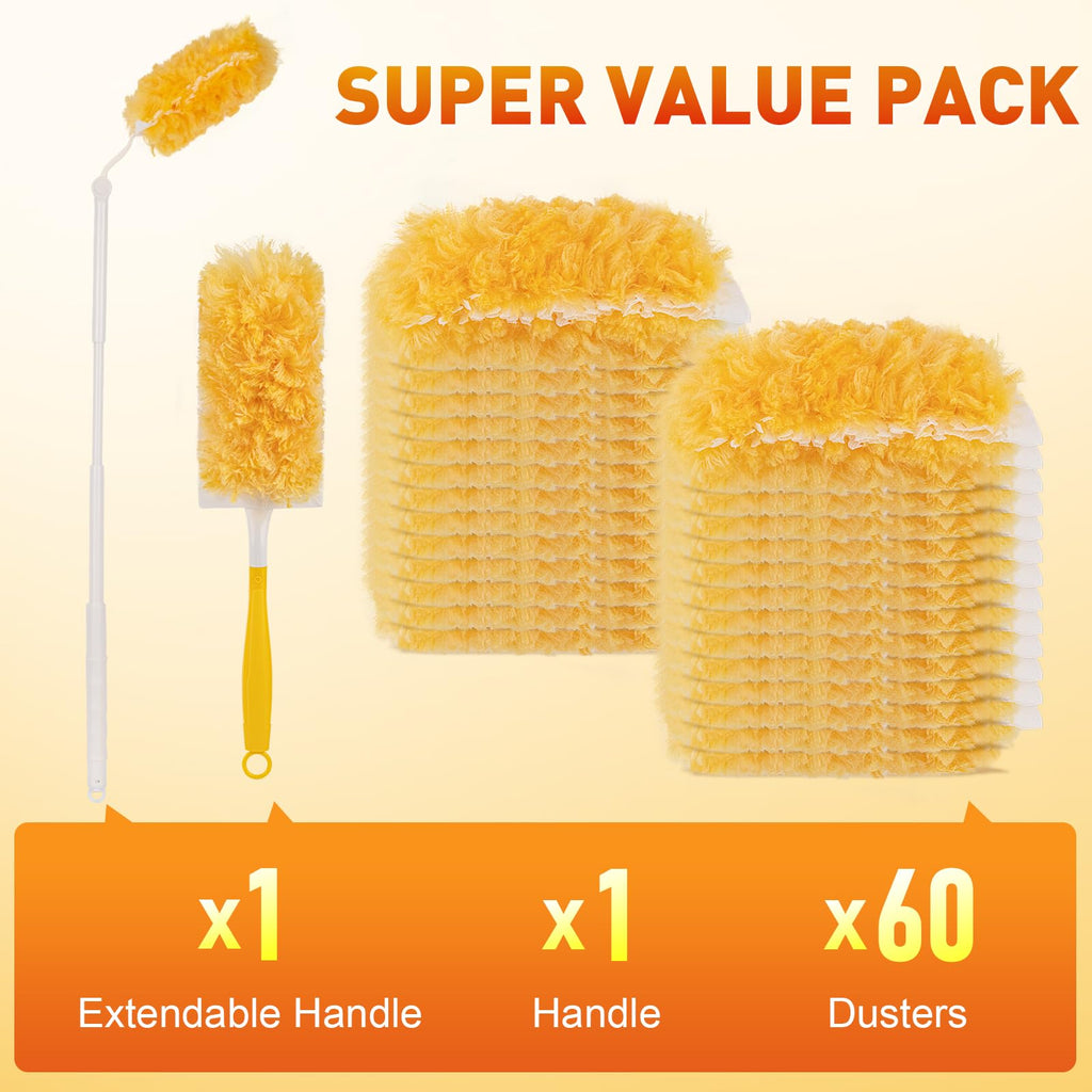 Heavy Duty Duster Refills, 60 pcs with Extended Handle & 1 Handle, 5X Microfibers Disposable Duster Kit for Cleaning, 360° Multi Surface Refills