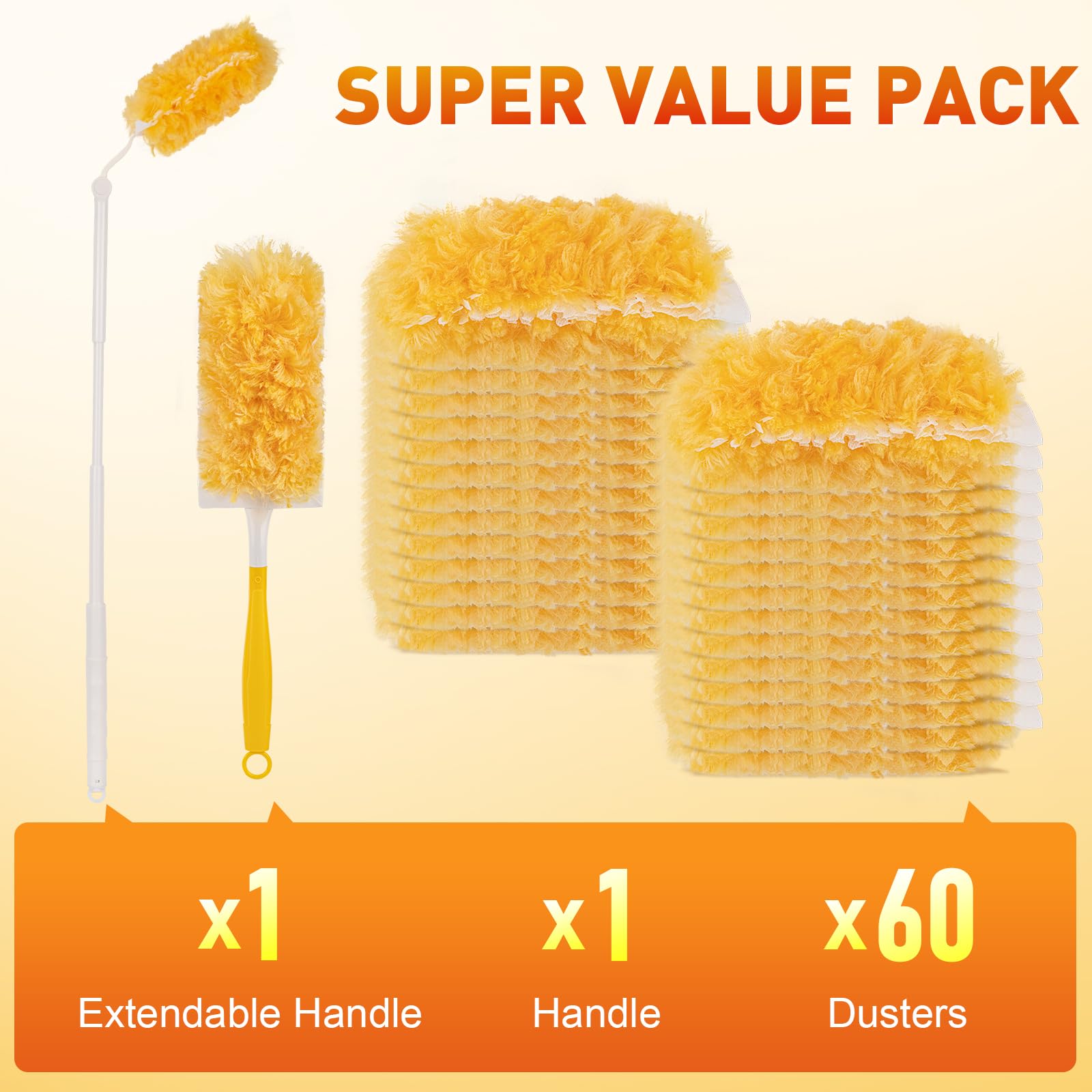 Heavy Duty Duster Refills, 60 pcs with Extended Handle & 1 Handle, 5X Microfibers Disposable Duster Kit for Cleaning, 360° Multi Surface Refills
